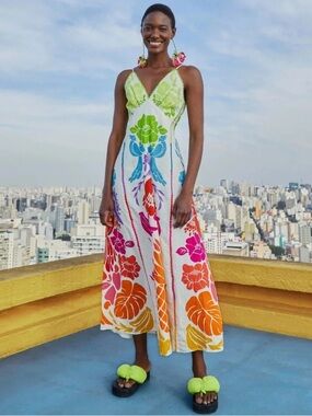 FARM Rio Multicolor Floral Bird Linen Viscose Crochet Maxi Dress size Medium